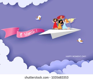 Card for 8 March womens day. Happy women different nationalities flying on paper airplane. Vector illustration. Paper cut and craft style.