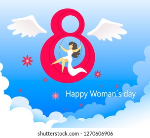 Card for 8 March womens day. A unique and festive background with a winged figure eight and a girl in a white dress on a swing among the air clouds with flowers.