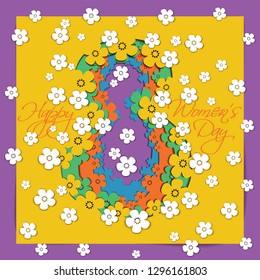 Card for 8 March Women's day. Greeting card decorated of paper cut Number 8 and cherry  flowers. Illustration can be used in the newsletter, brochures, postcards, tickets, advertisements, banners. 