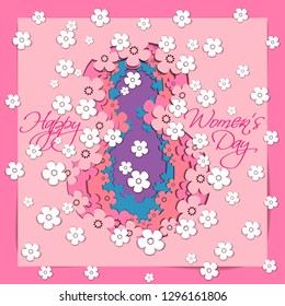 Card for 8 March Women's day. Greeting card decorated of paper cut Number 8 and cherry  flowers. Illustration can be used in the newsletter, brochures, postcards, tickets, advertisements, banners. 
