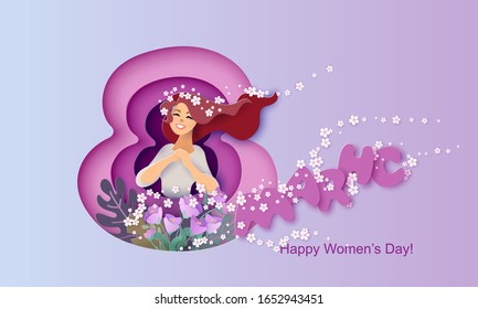 Card for 8 March women's day. Abstract background with text and flowers .Vector illustration. Paper cut and craft style.