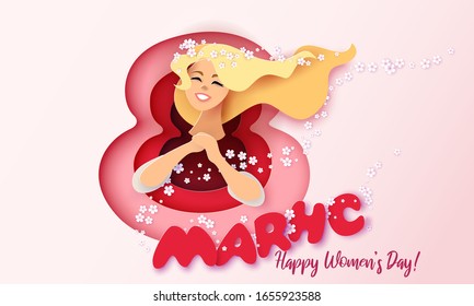 Card for 8 March womens day. Happy woman inside of big 8 with text and flowers .Vector illustration. Paper cut and craft style.