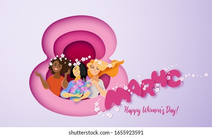 Card for 8 March womens day. Happy womans differemt nationalites inside of big 8 with text and flowers .Vector illustration. Paper cut and craft style.