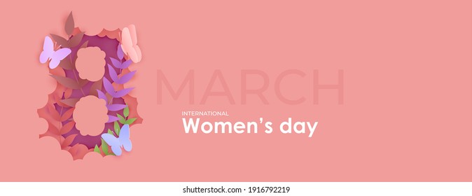 Card for 8 March womens day. Flowers inside number eight cut from paper. Abstract background with text and flowers .Vector illustration. Paper cut and craft style.