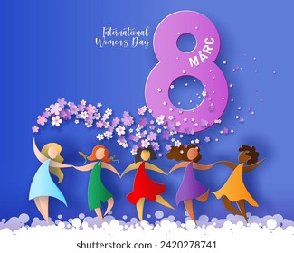 Card for 8 March women's day. Abstract background with text, flowers and women different nationalities dancing. Vector illustration. Paper cut and craft style.