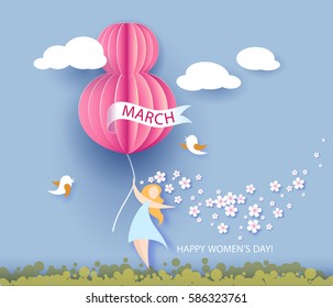 Card for 8 March women's day. Abstract background with text and flowers .Vector illustration. Paper cut and craft style.