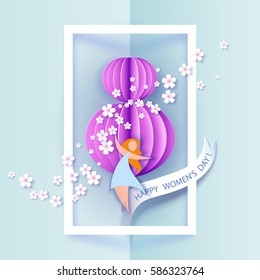 Card for 8 March women's day. Abstract background with text and flowers .Vector illustration. Paper cut and craft style.