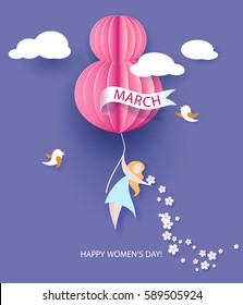 Card for 8 March women's day. Abstract background with text and flowers .Vector illustration. Paper cut and craft style.