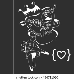 Card about love. Unusual characters with big eyes.