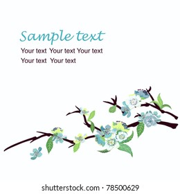 Card about turquoise flowers on an apple-tree branch