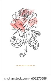Card with abstract black rose and red watercolor brush strokes. The contour from the hand, black and white.