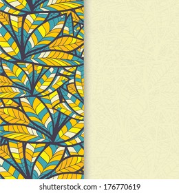 Card with abstract blue pattern feathers and beige background. Plenty of space for your text. Place the text from the top. Use as greeting card