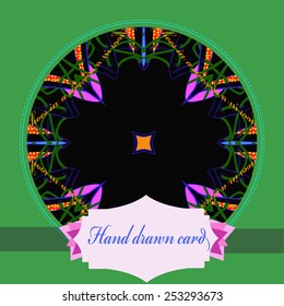 Card with abstract circular motif, text, label on a  black  circle. Hand drawn.