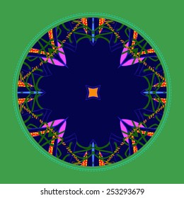 Card with abstract circular motif, text  on a  dark blue  circle. Hand drawn.