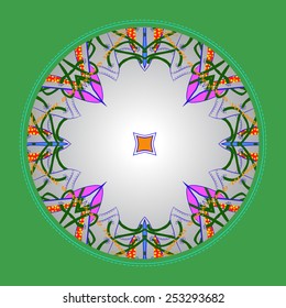 Card with abstract circular motif, text  on a  gradient gray  circle. Hand drawn.