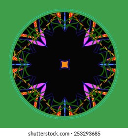 Card with abstract circular motif, text  on a  black  circle. Hand drawn.