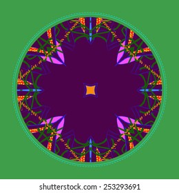 Card with abstract circular motif, text  on a  dark pink  circle. Hand drawn.