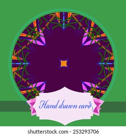 Card with abstract circular motif, text, label  on a  dark pink  circle. Hand drawn.