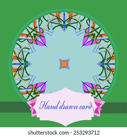 Card with abstract circular motif, text, label on a pale azure circle. Hand drawn.