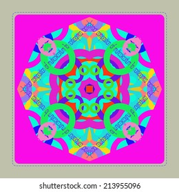 Card of abstract circular ornament with colored ellipses, star, purple text on a pink rounded rectangle.