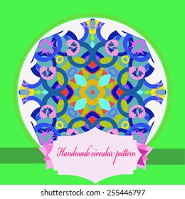 Card with abstract circular pattern,  frame, star, label  on a  white  circle. Handmade.