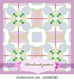 Card with abstract colored circular pattern, cross, label. Handmade.