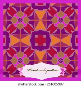 Card with abstract colored circular pattern, cross, label. Handmade.