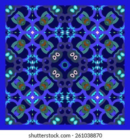 Card with abstract colored circular pattern, ellipses, stars, bagels. Handmade.