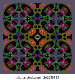 Card with abstract colored circular pattern, ellipses, stars, bagels. Handmade.