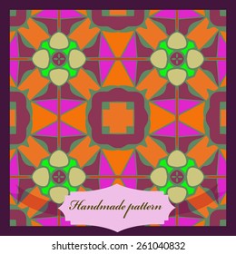 Card with abstract colored circular pattern, cross, label. Handmade.