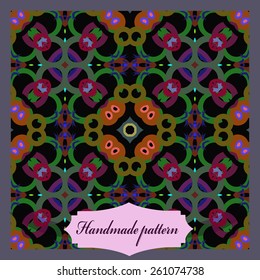 Card with abstract colored circular pattern, ellipses, stars, bagels, label. Handmade.