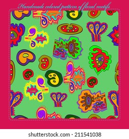 Card with abstract floral pattern of colored plants, shapes on a light pale green rounded rectangle and  azure text on a pink frame.Handmade.