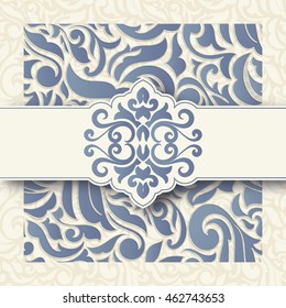 Card with abstract floral pattern shades of  Blue. Decorative frame in the style of Baroque