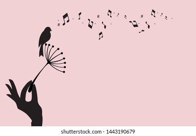Card with abstract flowers, dandelions and bird