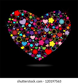 card with abstract heart symbol of colorful hearts and flowers isolated on black background vector