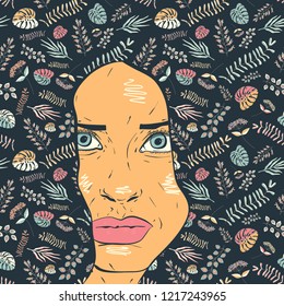 card with the abstract image of the girl's face. plant leaf pattern instead of hair