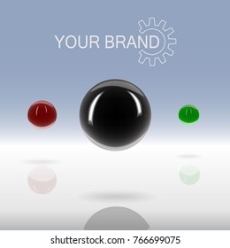 Card with abstract like 3D three various-sized and colour balls with text box and rotary. EPS 10 vector illustration with transparency and mesh gradient.