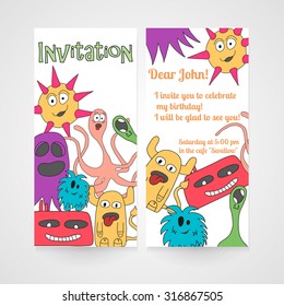 Card with abstract monsters pattern. Invitation for birthday. Vector illustration.