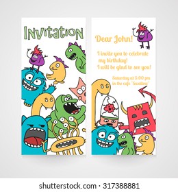 Card with abstract monsters pattern. Invitation for birthday. Vector illustration.