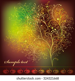 Card with abstract stylized tree with ornaments and apples on dark burgundy background