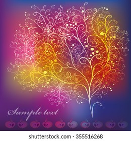 Card with abstract stylized tree with ornaments and apples on bright colorful background