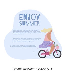 Card with active modern romantic girl on pink bike with flowers in basket with place for text. Modern flat illustration side view. Summer sports lifestyle. Stylized woman cyclist.