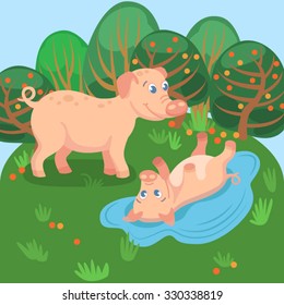 Card with adult and young pig in natural background / Domestic animals in cartoon style 

