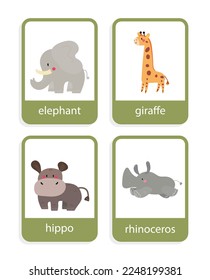 tarjeta con elefante de animales africanos, jirafa, hipopótamo, conjunto de vectores de rinocerontes