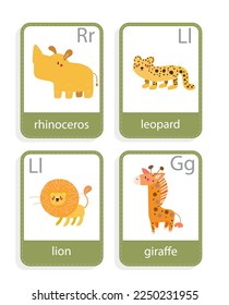 card with african animals rhino,  lion,  leopard,  giraffe, vector set