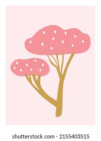 Card of african pink acacia tree, vector illustration  in cartoon style for sticker, print, poster