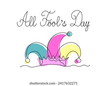 Card All fool day. Abstract fool's cap,continuous one line art hand drawing sketch