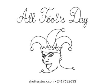 Card All fool day. Abstract fool, joker,continuous one line art hand drawing sketch