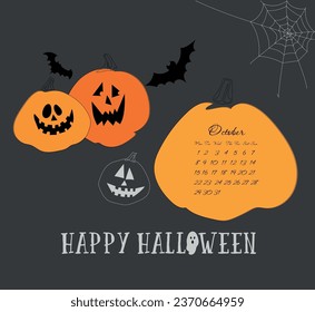 Card for All Saints' Day. Pumpkin calendar, jack-o-lanterns, webs and bats on a dark background