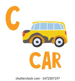 Card from the alphabet with the image of the car in the letter C. In a Scandinavian cozy style. Vector illustration.